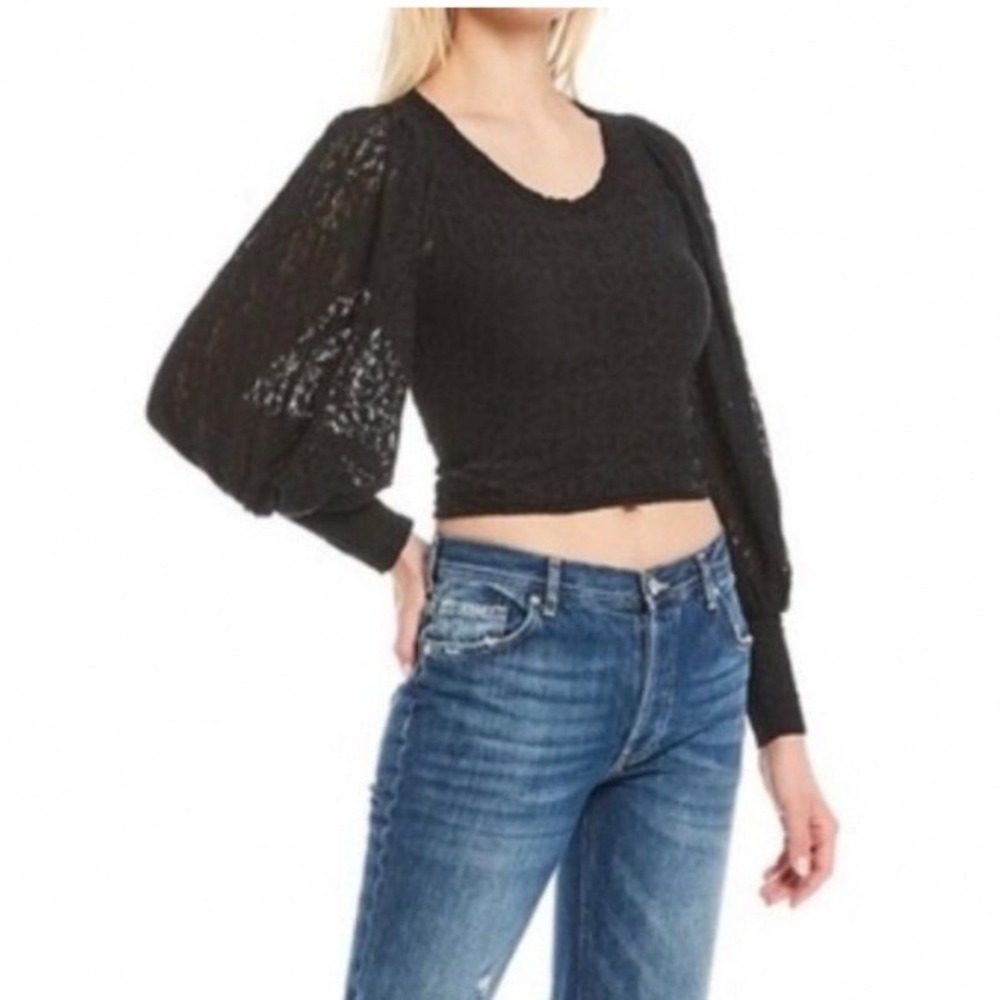 Free People Tea Time Lace Top Crop  Balloon Sleeve M Black Open Back Textured